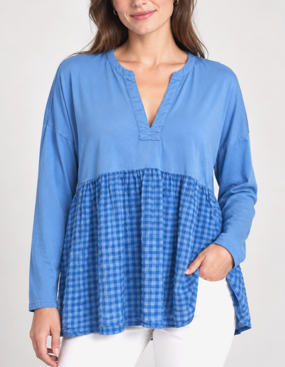 Pilcro Anthropologie L Blue Gingham Babydoll Tunic Top Split Neck Boho Cottage